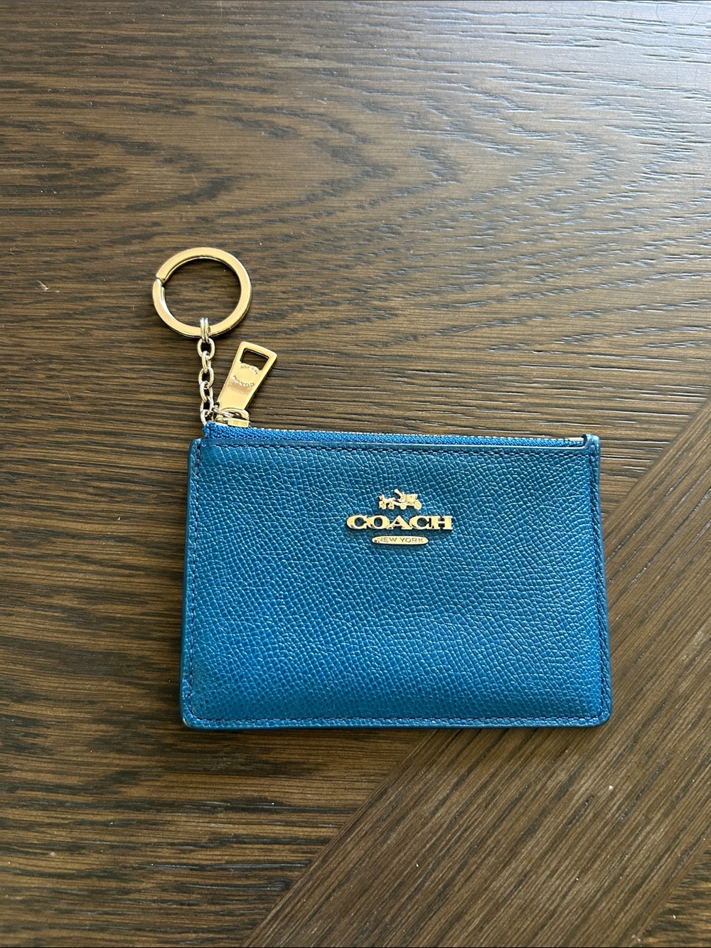 Coach Teal Blue Leather Zip Card ID Case with Keyring NWOT